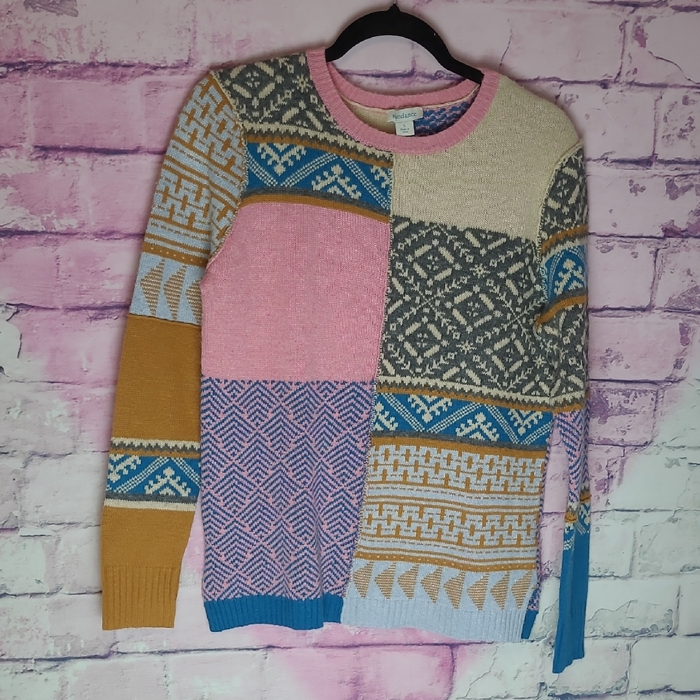 SUNDANCE FIELDS OF FAIR PATCHWORK MULTI STYLE PRINTED SWEATER SMALL WOOL ALPACA
